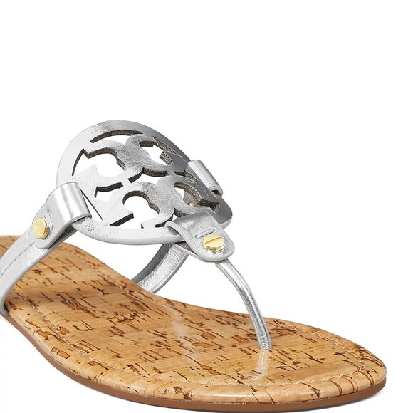 Tory Burch $228 Miller Sandals Patent Leather Silver Gold Rivets Cork 6 9.5 10 - Picture 9 of 10